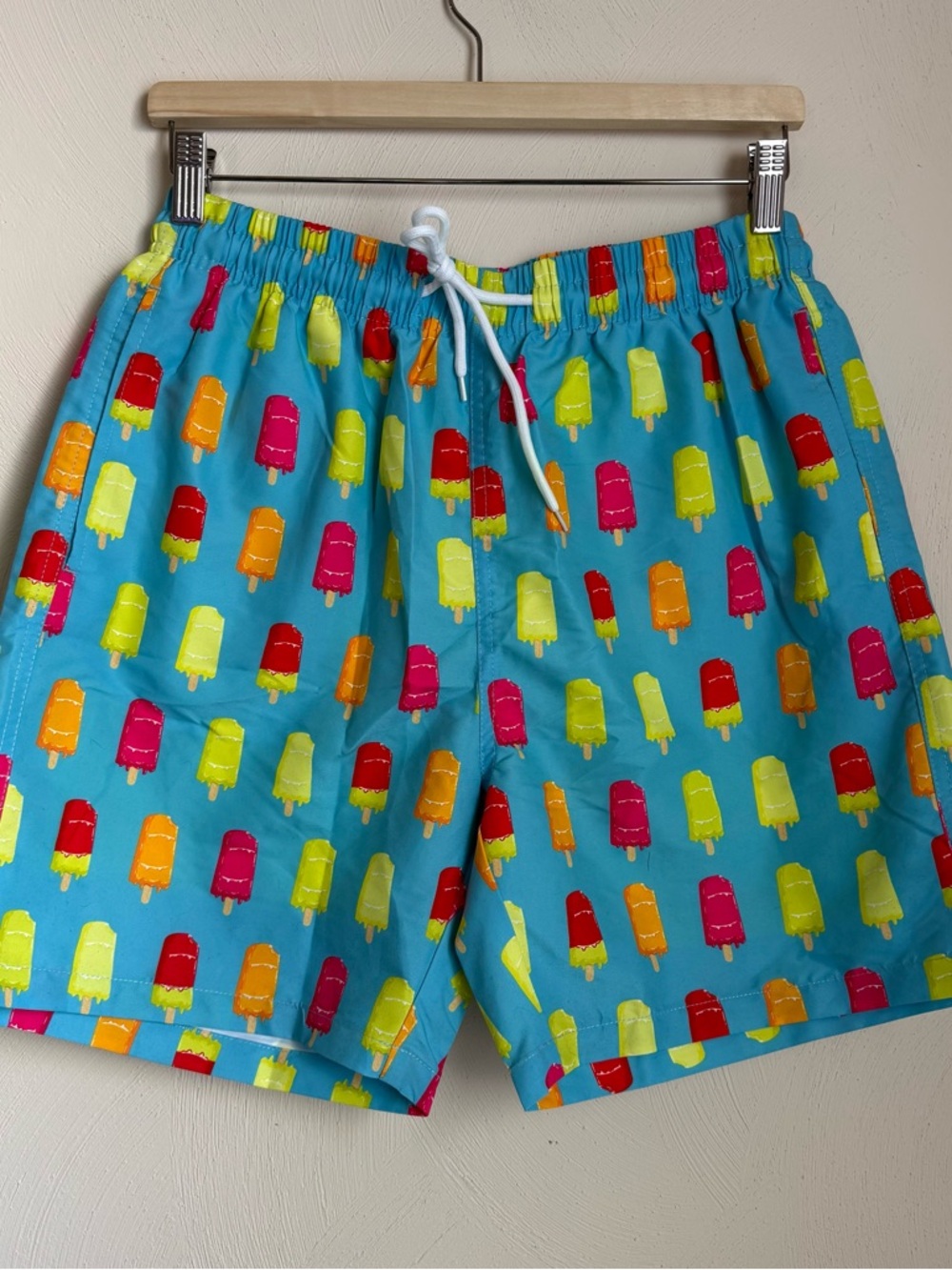 Men’s Swim Trunks M Blue Popsicle Print Funny Pool Beach Shorts Elastic Waist